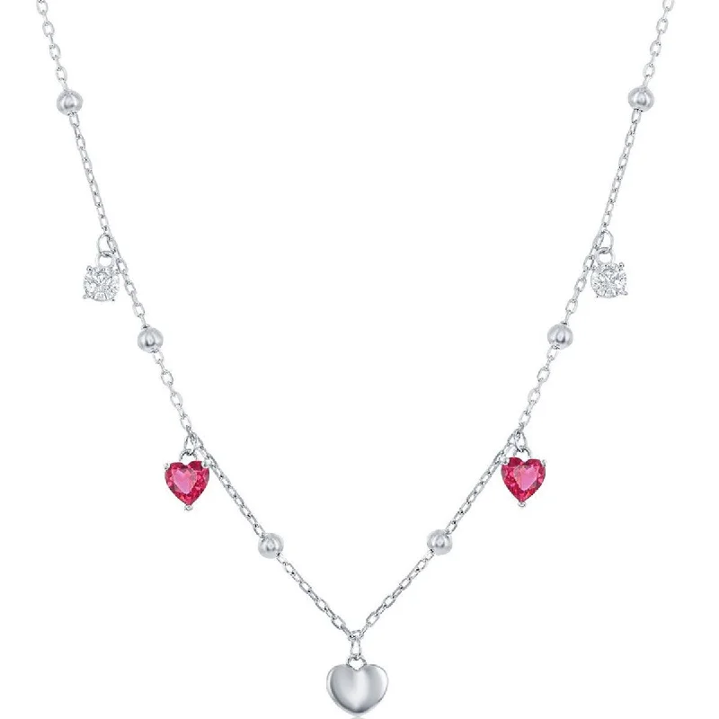 Romantic Heart Necklaces-Classic Women's Necklace - Sterling Silver White and Ruby CZ Heart Beaded | M-6813