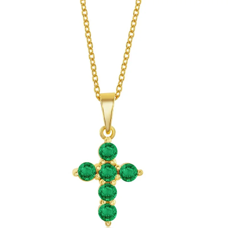 Unique Diamond Necklaces-Classic Women's Necklace - Sterling Silver Gold Plated Emerald Cross | M-6825