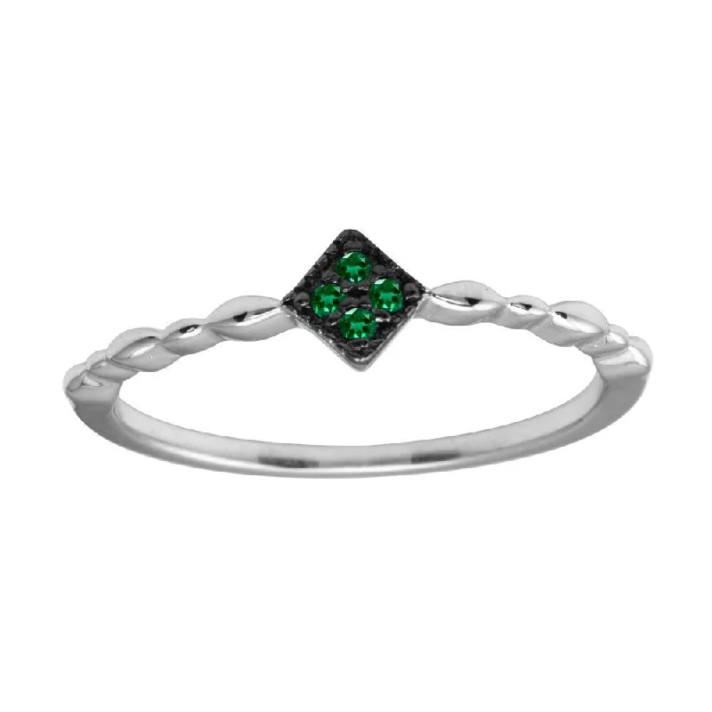 Luxury Bridal Rings-Rhodium Plated 925 Sterling Silver Diamond Shape 4 Green CZ Ring - BGR01226GRN