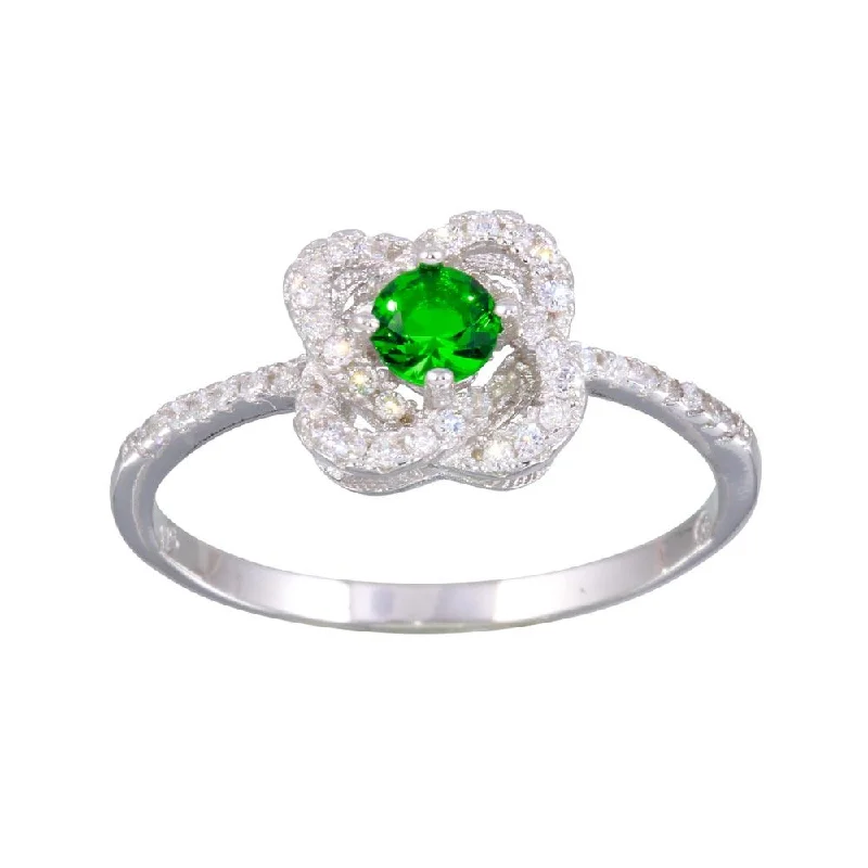 Luxury Gold Rings-Rhodium Plated 925 Sterling Silver CZ Knot Green Center Stone Ring - BGR01141GRN