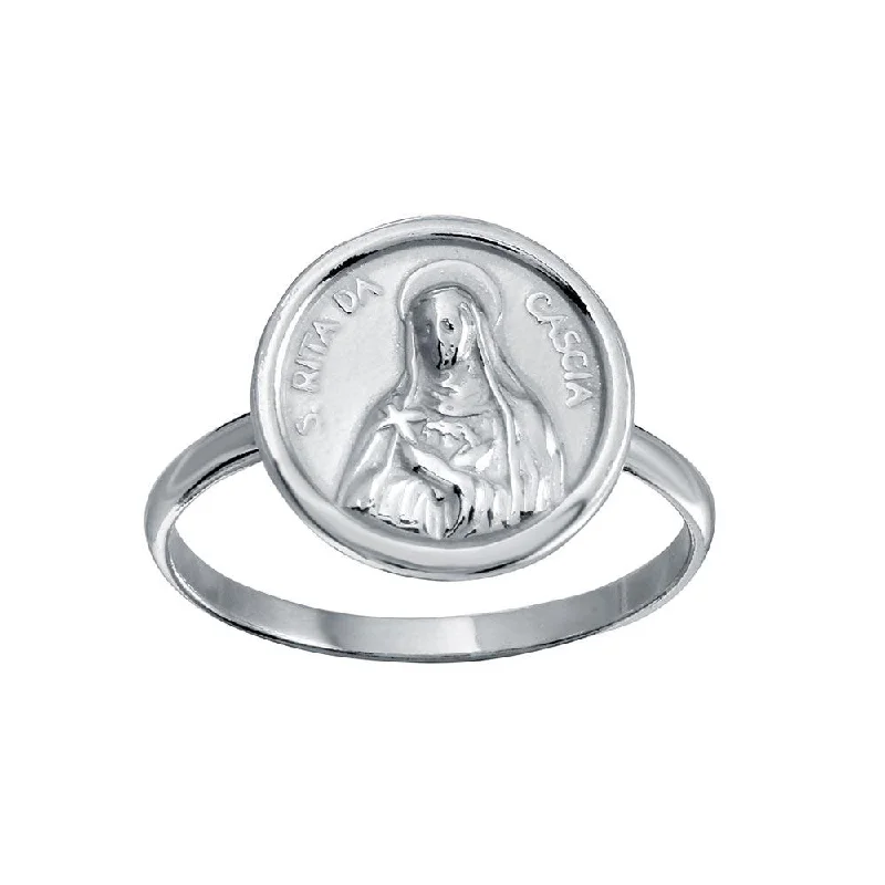 Sparkling Diamond Rings-High Polished 925 Sterling Silver Disc Mother Mary Design Ring - SOR00031