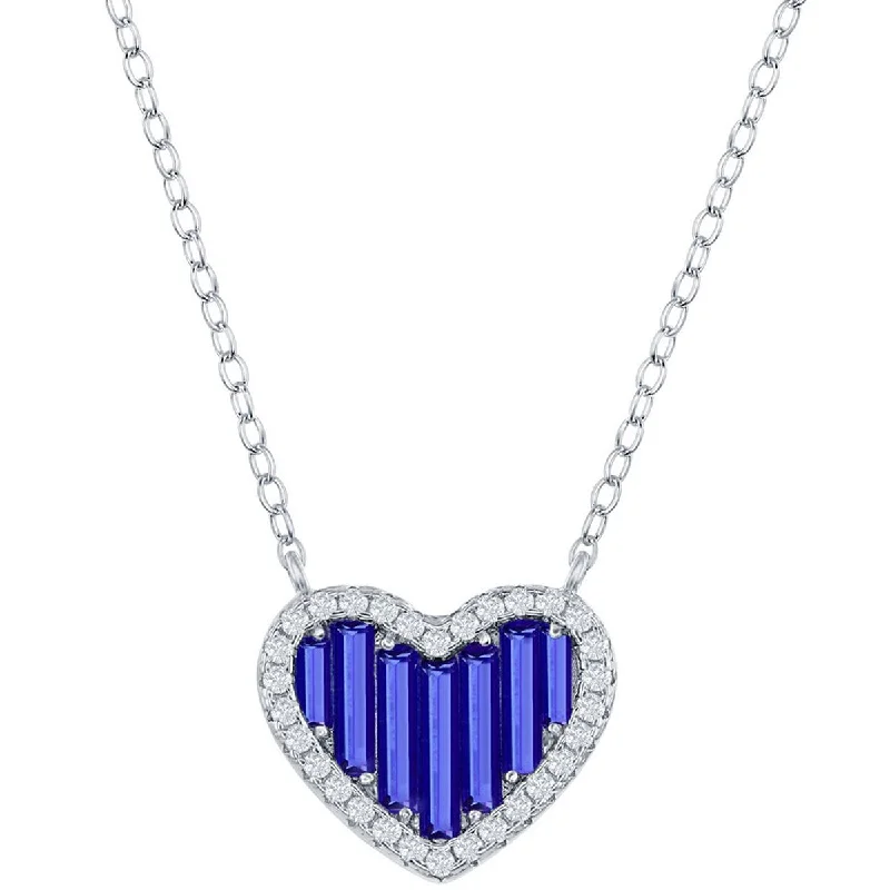 Delicate Silver Necklaces-Classic Women's Necklace - Sterling Silver Blue Round and Baguette CZ Heart | M-6781