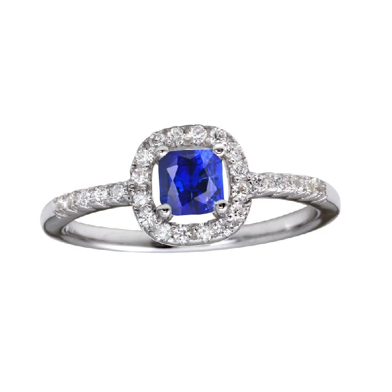 Elegant Silver Wedding Bands-Rhodium Plated 925 Sterling Silver Square Clear and Blue CZ Center Stone Ring - BGR01222BLU