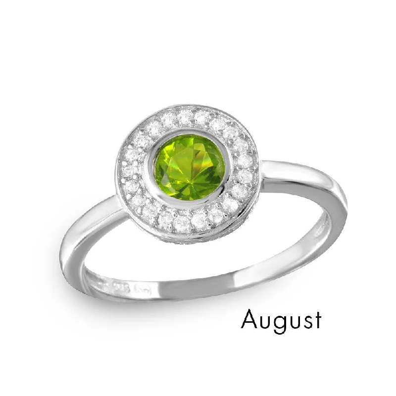 Personalized Rings for Weddings-August Sterling Silver 925 Rhodium Plated CZ Center Birthstone Halo Ring - BGR01082AUG