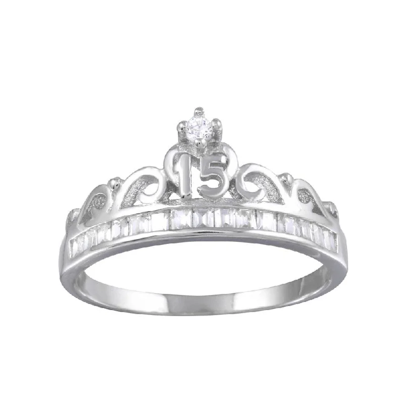 Stylish Gemstone Rings-Rhodium Plated 925 Sterling Silver Crown 15 Ring with CZ - TMR00006