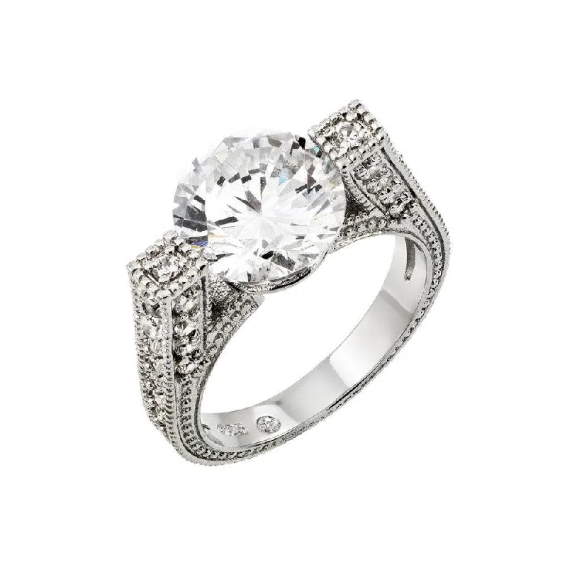 Unique Engagement Rings-Silver 925 Rhodium Plated Clear Round Center and Pave Set CZ Ring - BGR00758