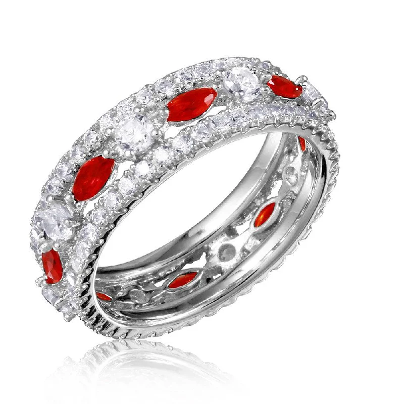 Colored Diamond Rings-Silver 925 Rhodium Plated Band Encrusted with Clear and Red CZ Stones - GMR00133R