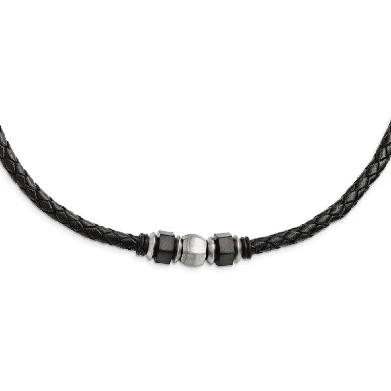 Statement Chain Necklaces-Stainless Steel Brushed Leather Black IP-plated & Rubber Necklace