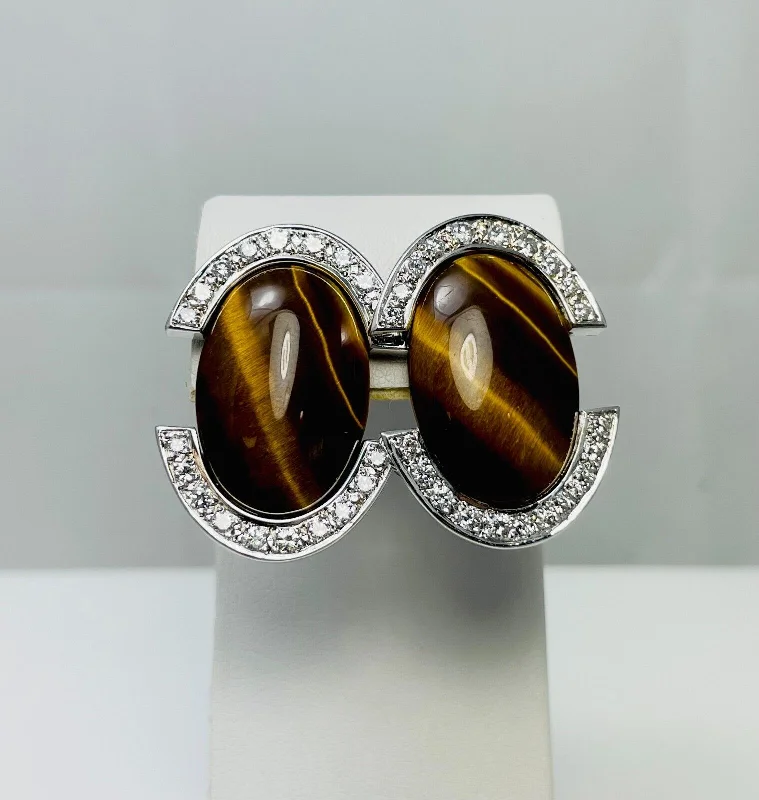 Premium Silver Earrings-Large Vintage Natural Tiger's Eye Diamond 14k White Gold Earrings