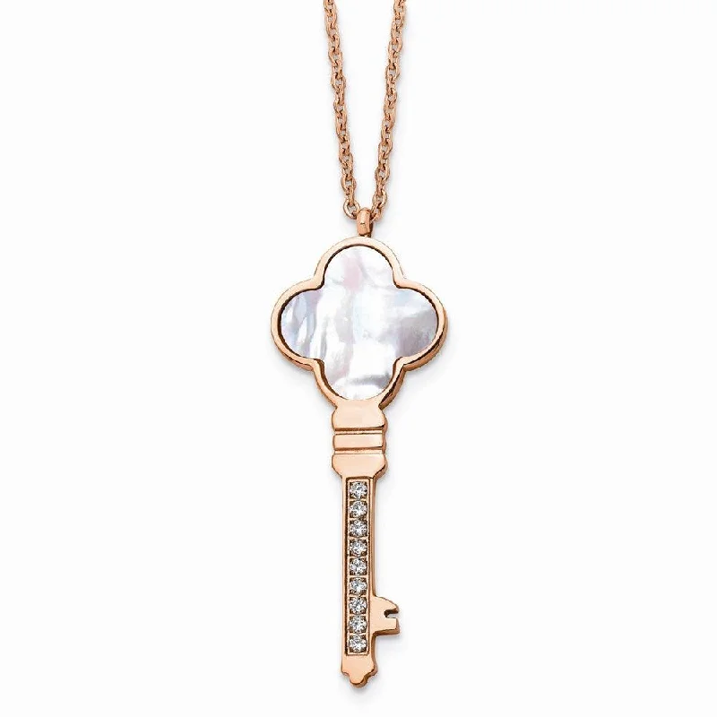 Stylish Pendant Chains-Stainless Steel Rose IP-plated CZ & MOP Key w/ 2in ext Necklace