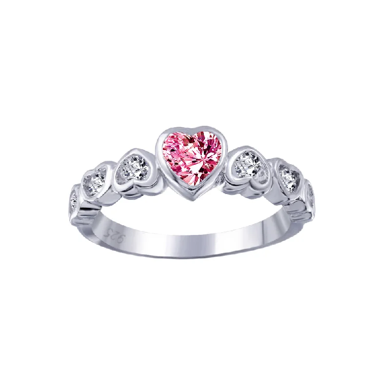 Adjustable Diamond Rings-Silver 925 Rhodium Plated Red Center CZ Heart Ring - BGR00014RED