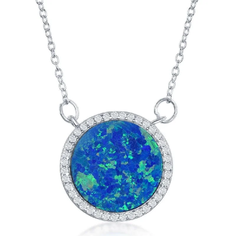 Classic Diamond Necklaces-Sterling Silver Blue Inlay Opal Circle with CZ Border Necklace