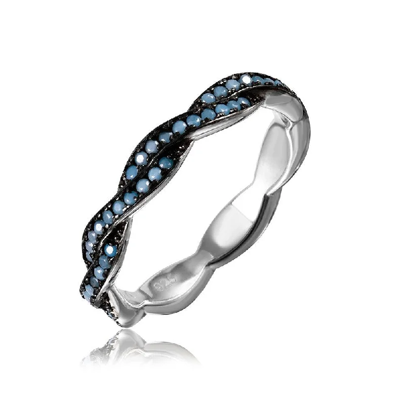 Solitaire Diamond Rings-Silver 925 Rhodium Plated Rope Band with Turquoise Stone - GMR00107B