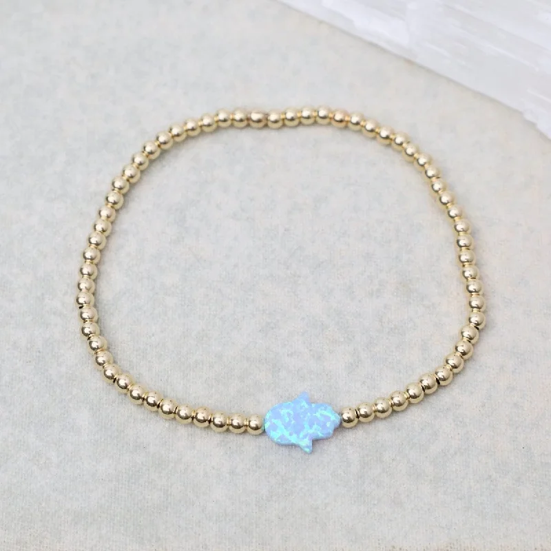 Fashionable Silver Bracelets-Blue Opal Hamsa Gold Filled Ball Bracelet