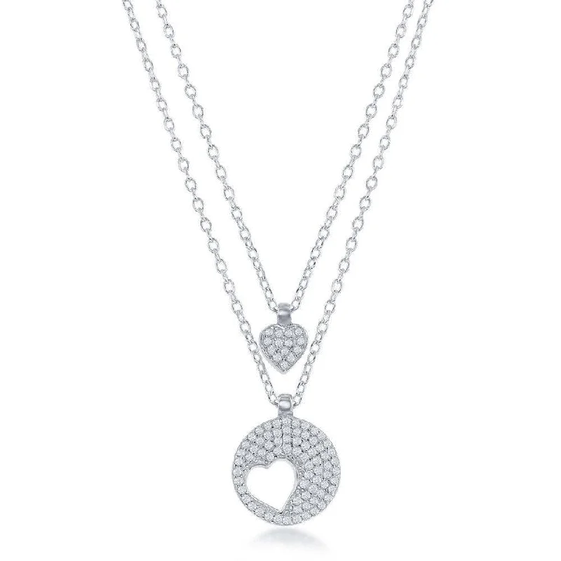 Bridal Necklaces-Sterling Silver Round Heart Cut-Out Double Strand Necklace