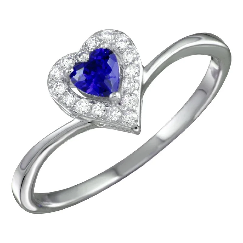 Vintage Wedding Rings-Rhodium Plated 925 Sterling Silver Blue Heart Ring with CZ - BGR01153BLU