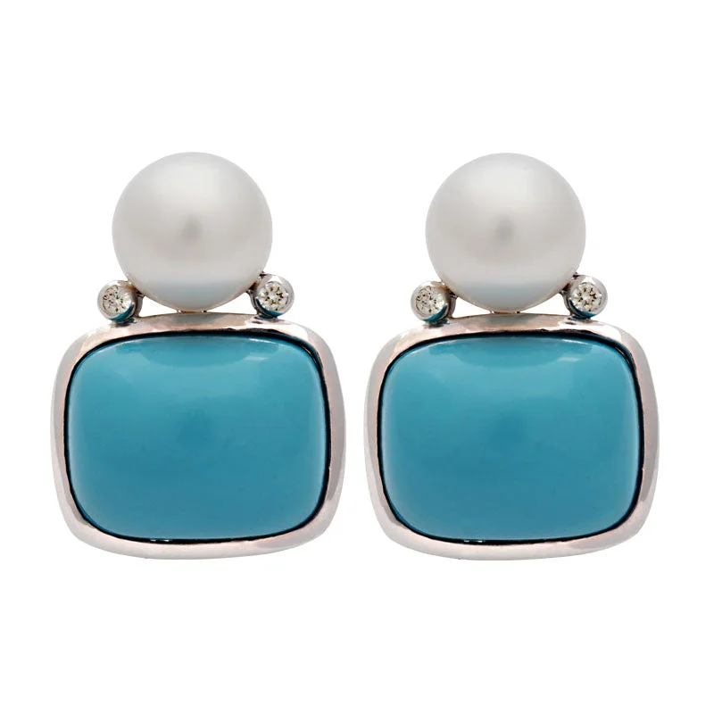 Sparkling Drop Earrings-Earrings-Turquoise, South Sea Pearl and Diamond