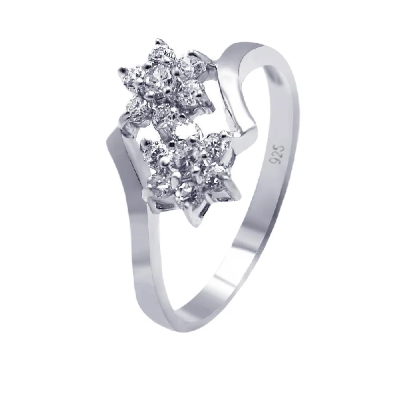 Customizable Rings for Women-Silver 925 Rhodium Plated CZ Double Flower Ring - AAR0065