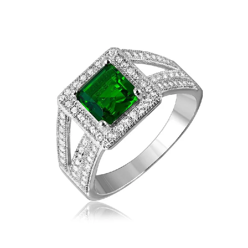 Adjustable Diamond Rings-Silver 925 Rhodium Plated Green Square Halo with Micro Pave CZ Ring - GMR00103G