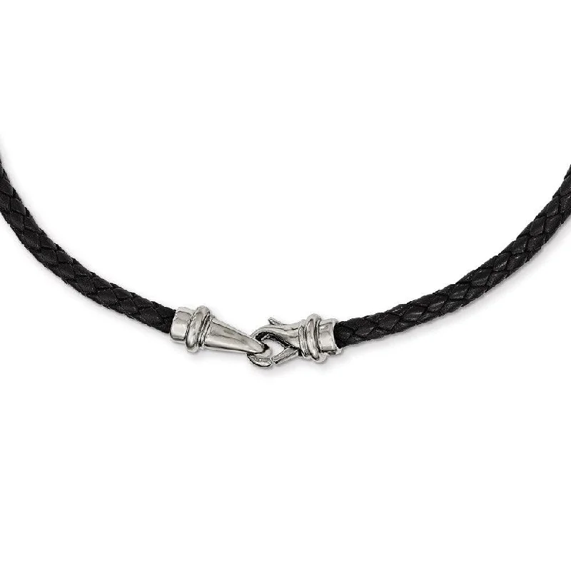 Stunning Gemstone Necklaces-Stainless Steel Polished Woven Black Leather Necklace