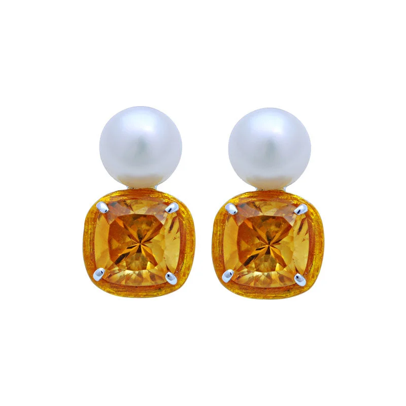 Vintage Style Earrings-Earrings-Citrine and South Sea Pearl (Enamel)