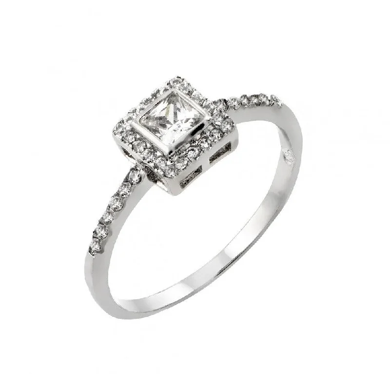 Gold Diamond Rings-Silver 925 Rhodium Plated Clear Square CZ Ring - BGR00833