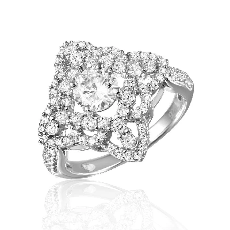 Designer Diamond Wedding Rings-Silver 925 Rhodium Plated Diamond Shape Design Ring Encrusted with CZ Stones - GMR00087