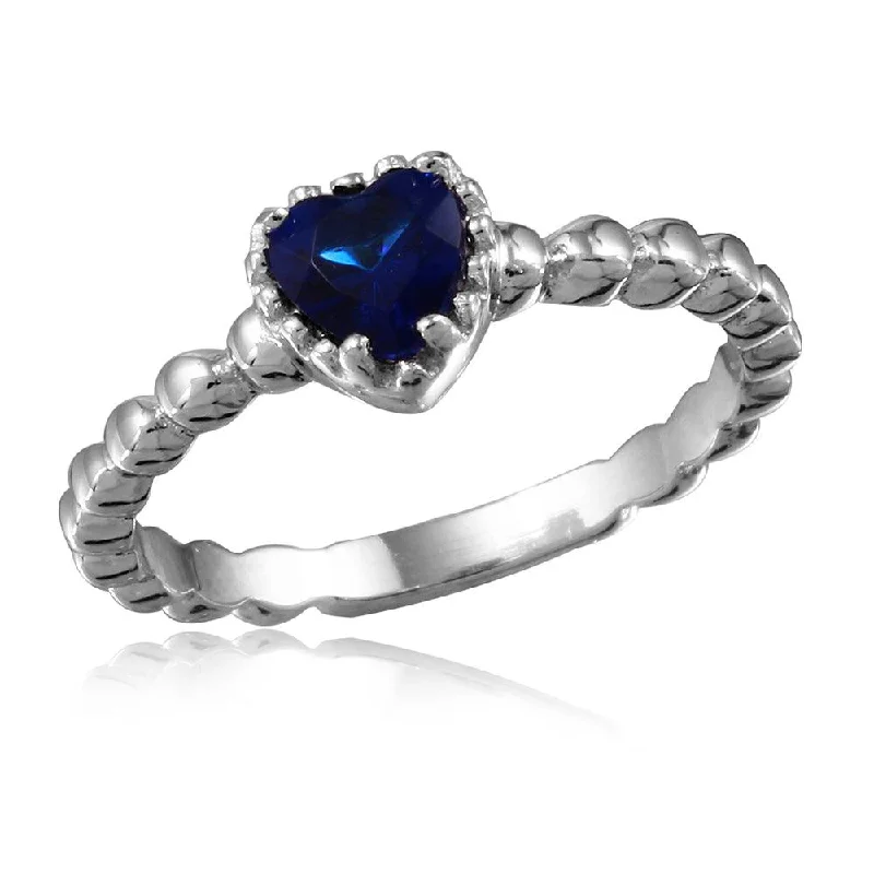 Colorful Engagement Rings-Silver 925 Rhodium Plated Beaded Band Blue Heart Center Stone Ring - BGR01052BLUE