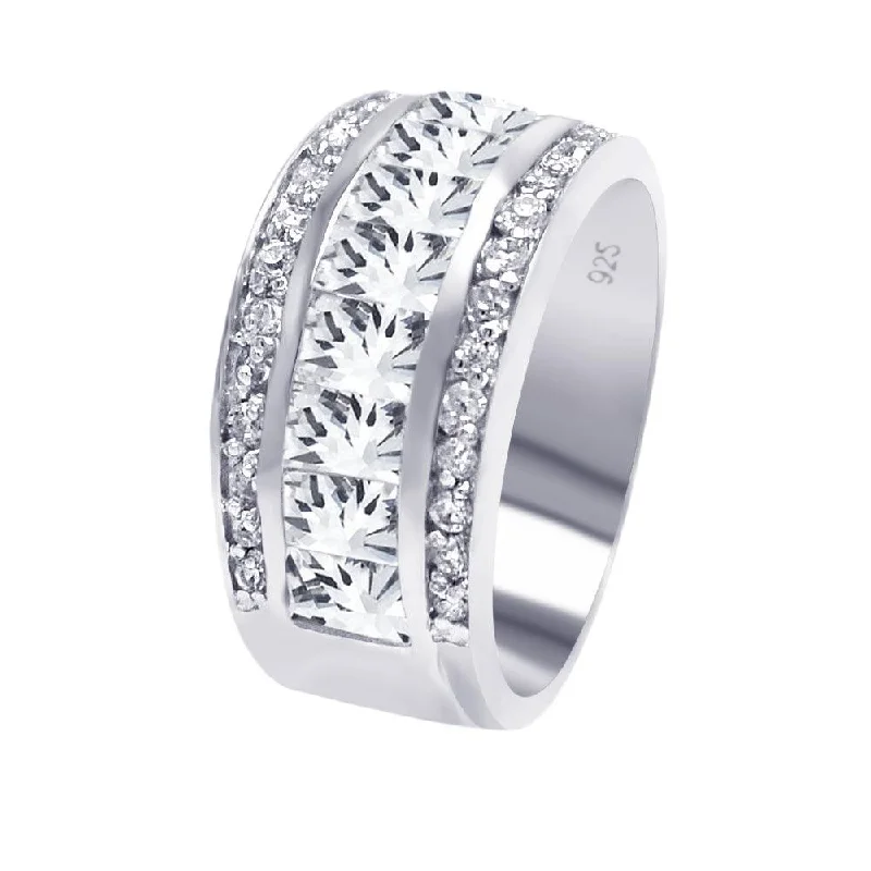 Elegant Engagement Rings-Silver 925 Rhodium Plated Half Channel Clear Baguette Round CZ Ring - AAR0042