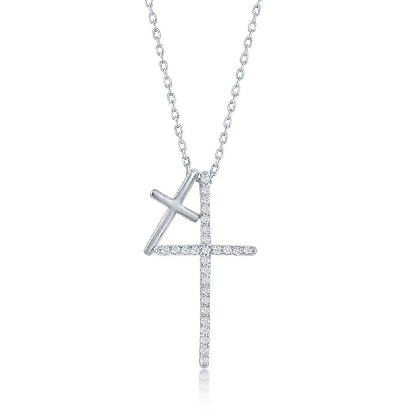 Elegant Dainty Necklaces-Sterling Silver Double Cross Cubic Zirconia Necklace