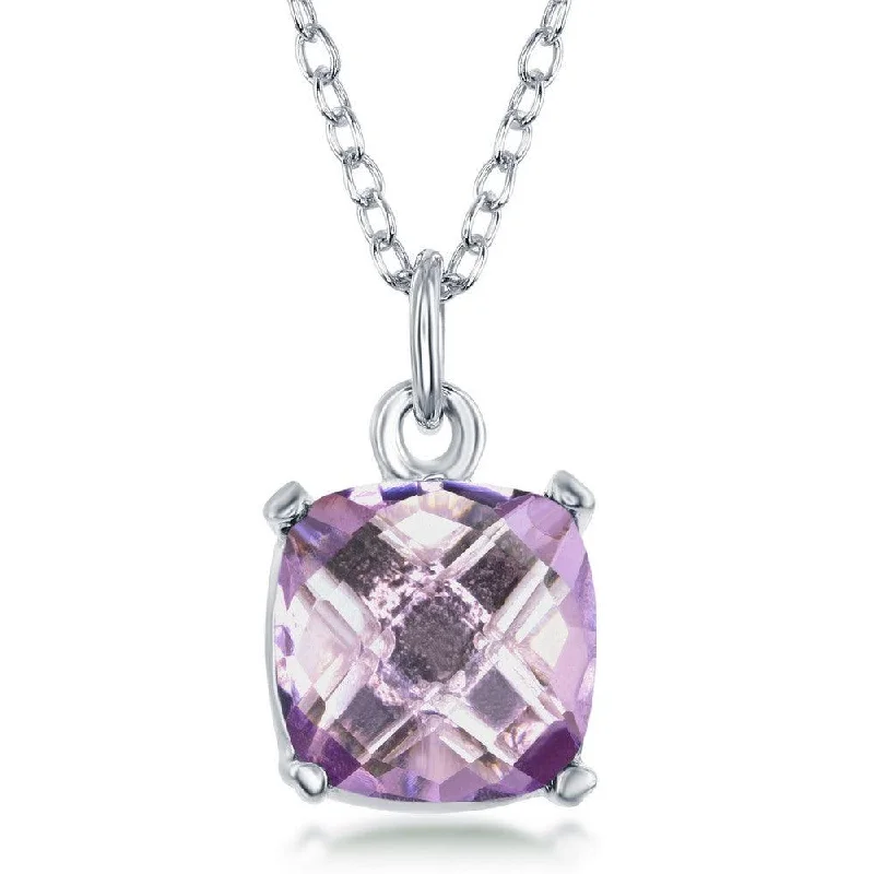 Fashionable Layered Necklaces-Sterling Silver 'June Birthstone' Square Pink Amethyst Necklace