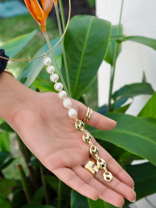 Delicate Gold Necklaces-JESSIE - PEARL + MARINER LINK DROP NECKLACE