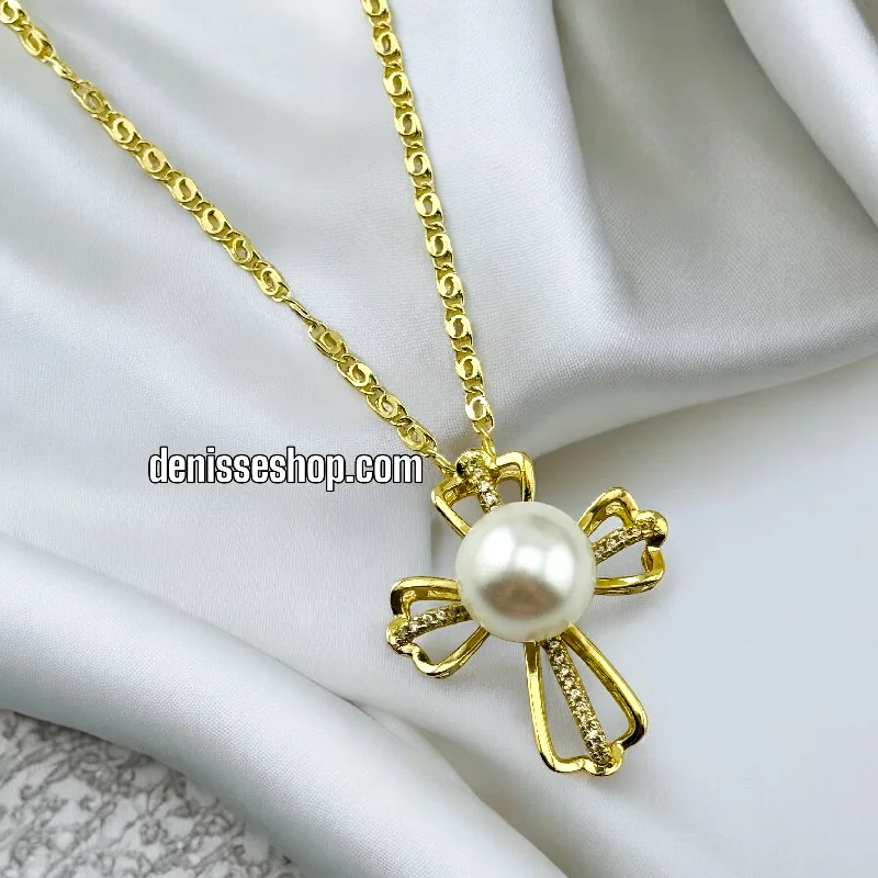 Elegant Diamond Necklaces-14K GOLD /  WHITE PEARL CROSS NECKLACE  SET N45