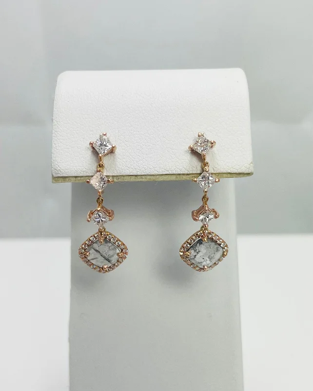 Bohemian Style Earrings-New! 14k Rose Gold Natural Diamond Slice Dangle Earrings