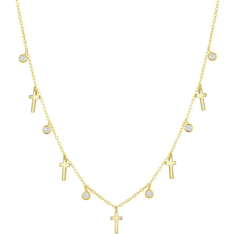 Antique Style Necklaces-Classic Women's Necklace - Alternating GP Cross and Bezel-Set CZ | M-6802-GP