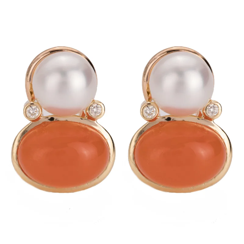 Stylish Stud Earrings-Earrings - Cornelian, South Sea Pearl And Diamond