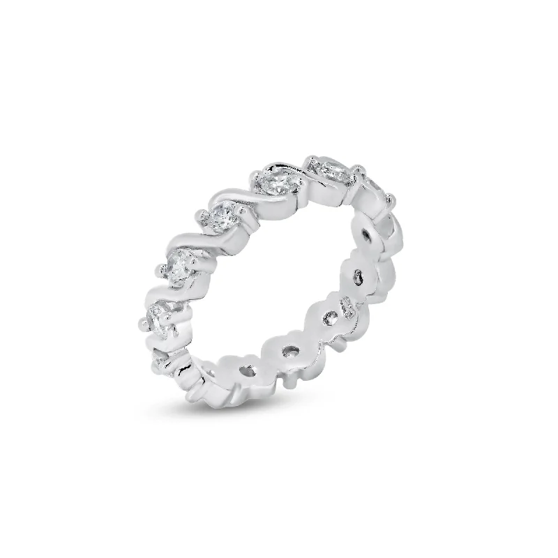 Elegant Diamond Wedding Bands-Silver 925 Rhodium Plated Clear CZ Wave Eternity Ring - BGR00364