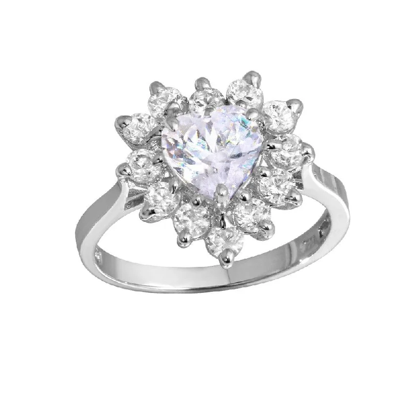 Stylish Gemstone Wedding Bands-Rhodium Plated 925 Sterling Silver CZ Heart Flower Ring - GSR00003