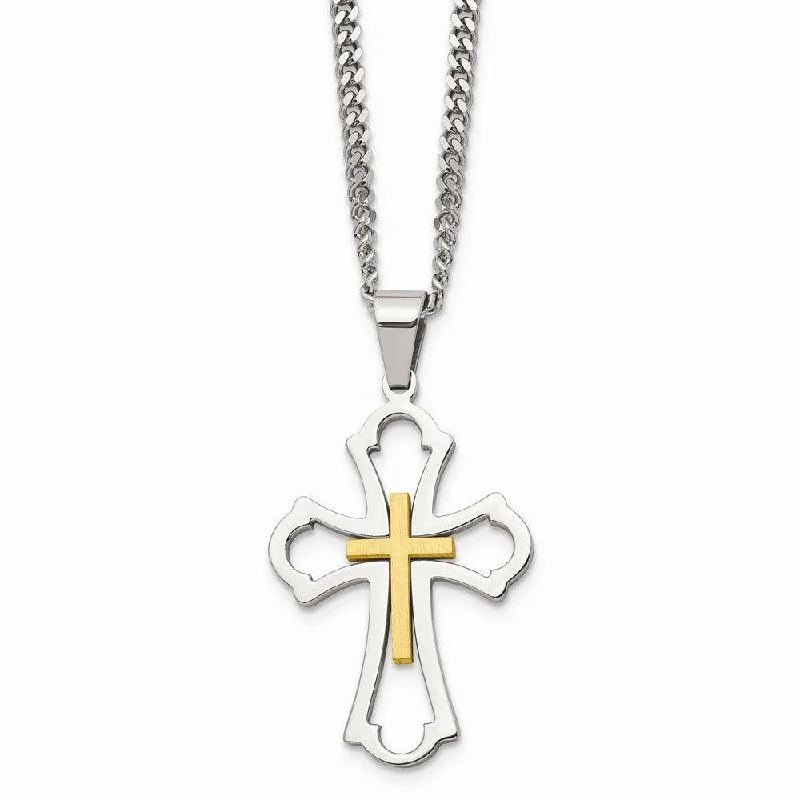 Modern Pendant Necklaces-Stainless Steel Yellow IP-plated Cross Brushed/Polished Necklace