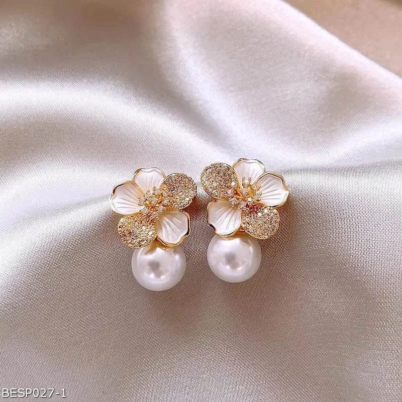 Contemporary Earrings-French luxury camellia pearl stud earrings