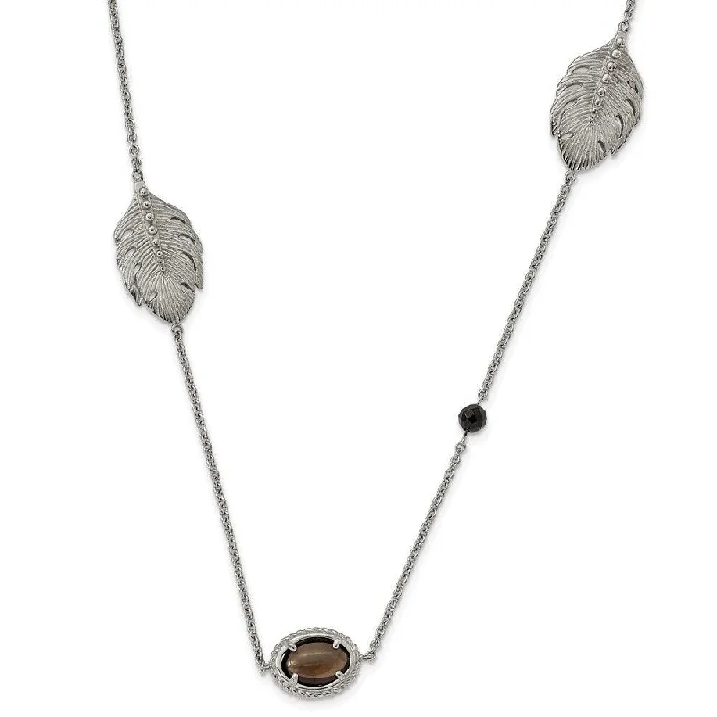 Luxurious Pendant Necklaces-Stainless Steel Polished Smoky Quartz/Black Onyx w/2in ext. Necklace