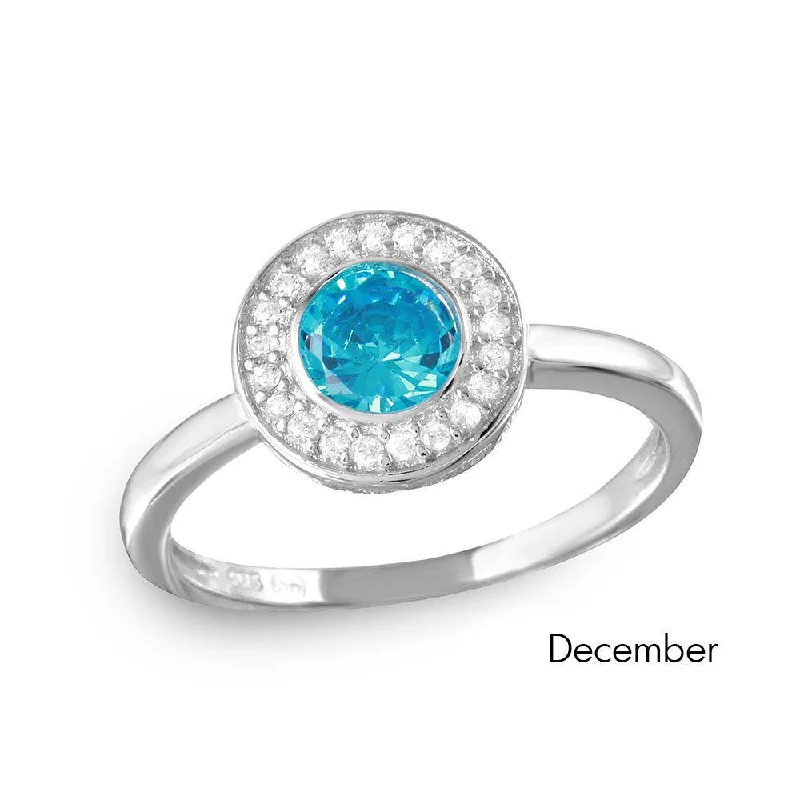 Elegant Gold Rings-December Sterling Silver 925 Rhodium Plated CZ Center Birthstone Halo Ring - BGR01082DEC