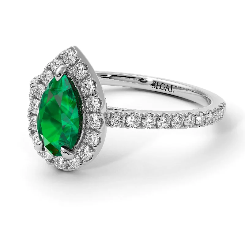 Designer Engagement Rings-Pear Shaped Halo Emerald Ring - Janet No. 21