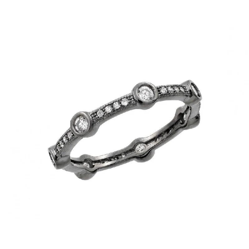 Dainty Wedding Bands-Oxidized Rhodium Plated Silver 925 Round Clear CZ Eternity Ring - BGR00916