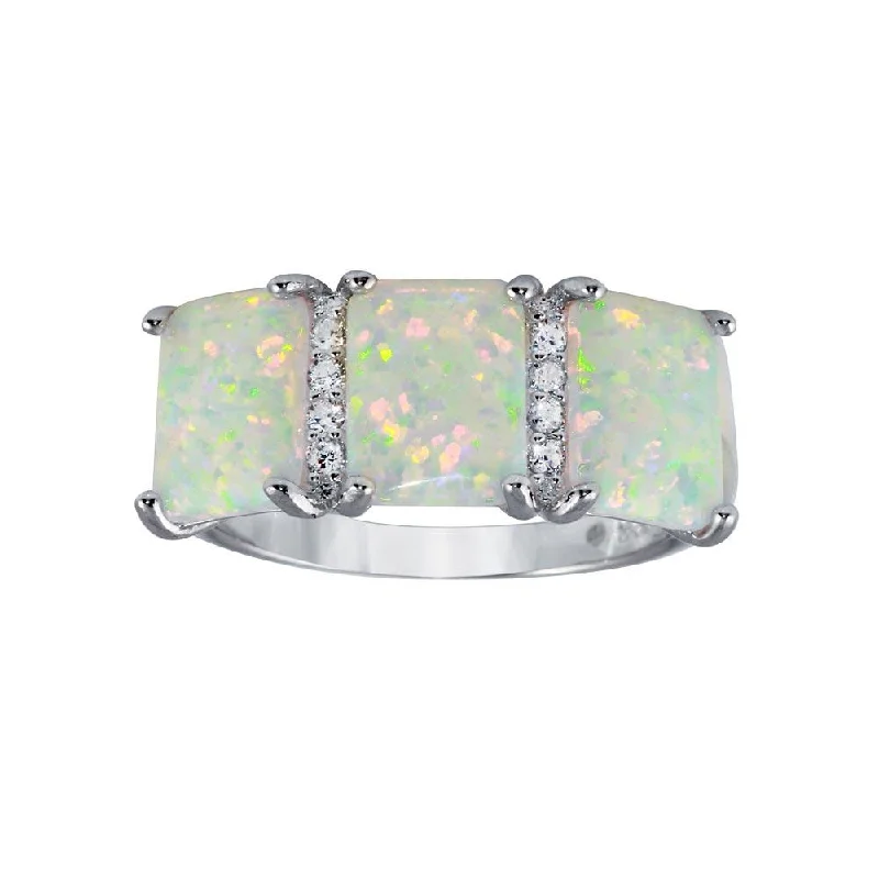 Affordable Engagement Rings-Rhodium Plated 925 Sterling Silver Triple Square Synthetic Opal CZ Ring - BGR01305