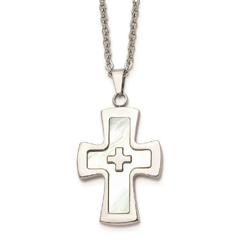 Simple Gemstone Pendant Necklaces-Stainless Steel Polished Mother Of Pearl Cross Necklace