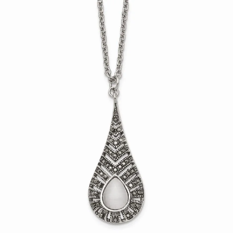 Stylish Adjustable Necklaces-Stainless Steel Polished Marcasite Cat's Eye Necklace