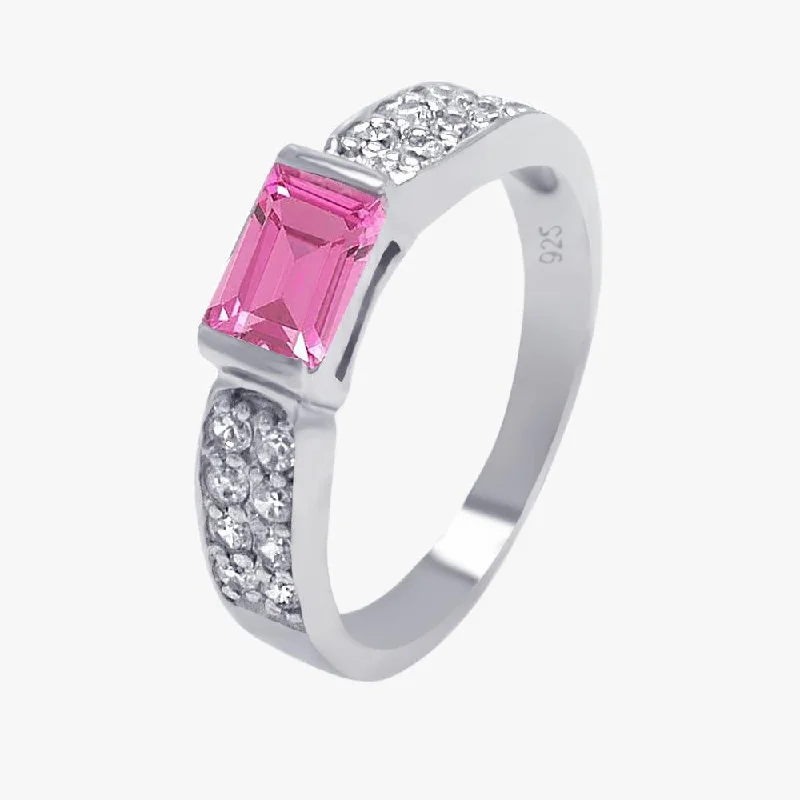 Classic Engagement Ring Bands-Silver 925 Rhodium Plated Pink Rectangular Center Pave CZ Ring - AAR0002PINK