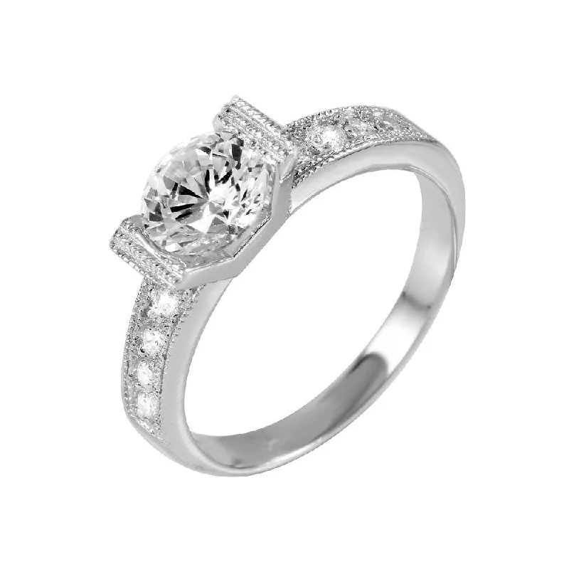 Designer Diamond Wedding Rings-Silver 925 Rhodium Plated CZ Ring - BGR00953