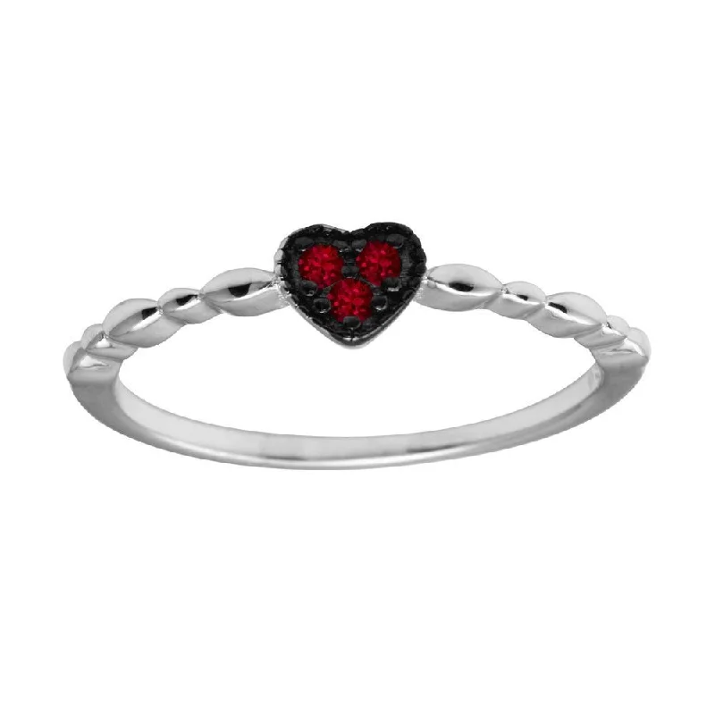 Wedding Ring Bands for Women-Rhodium Plated 925 Sterling Silver Heart 3 Red CZ Ring - BGR01227RED